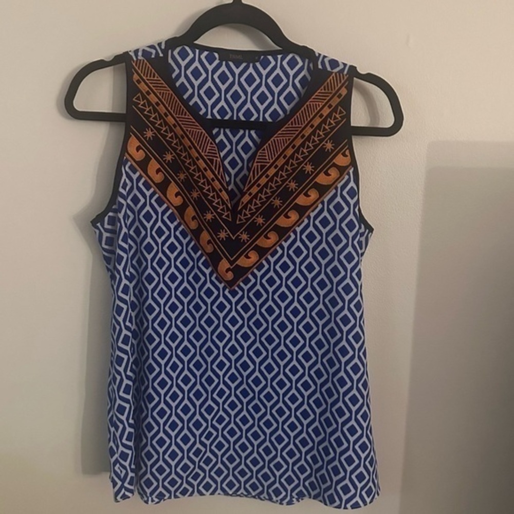 THML Medium Blue, White, & Orange Embroidered Sleeveless V Neck Tank Boho Vibe
